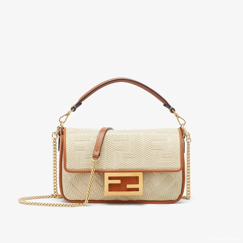 Mini Straw Baguette Beige Bag In Fendi Motif FF 0814